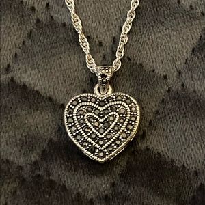 17-20" Silver Tone Marcasite Heart Necklace
